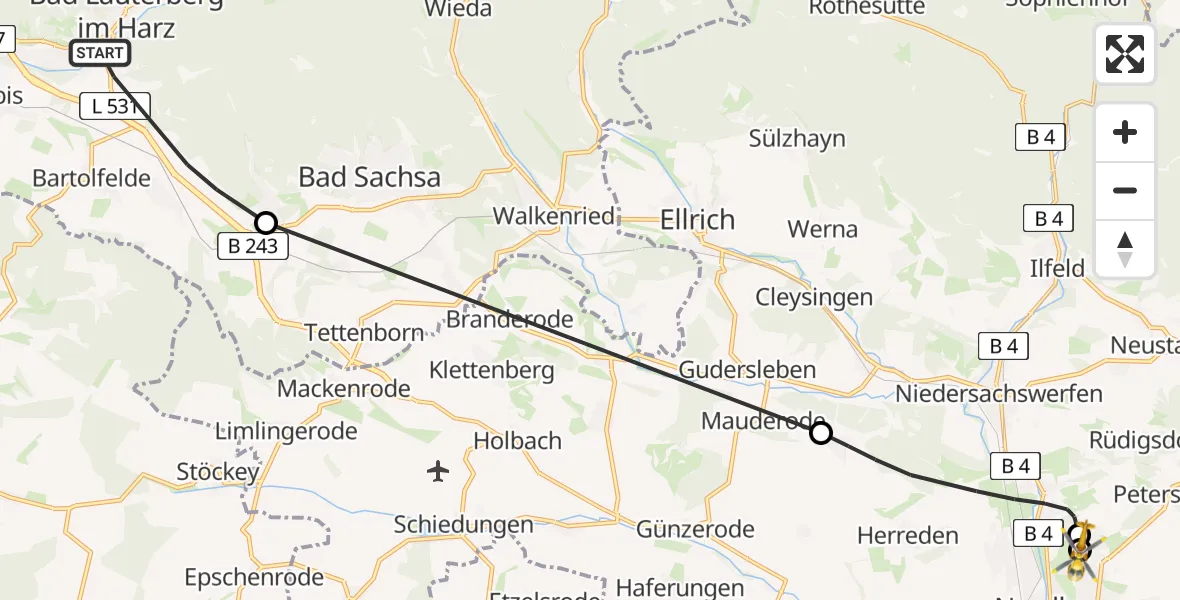 Flugroute Rettungshubschrauber Bad Lauterberg im Harz - Südharz Hospital Nordhausen, 28 Juli 2026, 09:13
