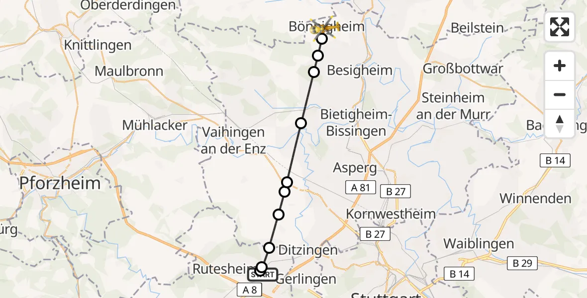Flugroute Rettungshubschrauber Leonberg Hospital - Bönnigheim, 28 Juli 2026, 09:21