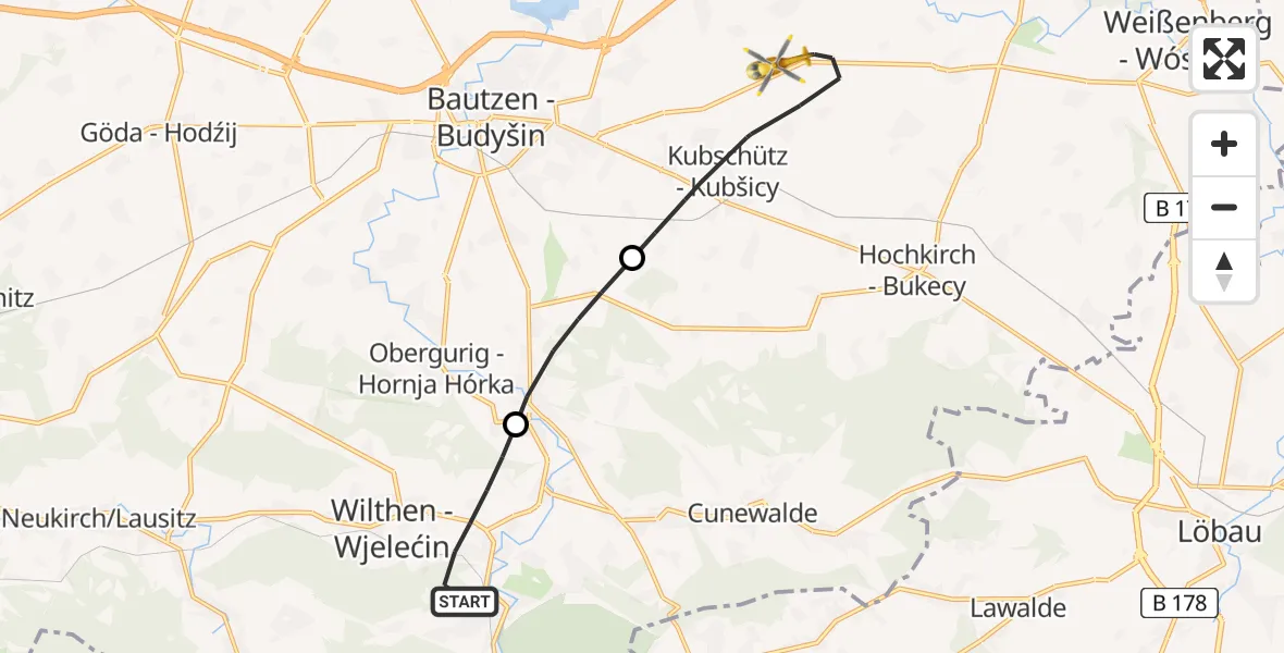 Flugroute Rettungshubschrauber Schirgiswalde-Kirschau - Bautzen Flugplatz, 28 Juli 2026, 09:23