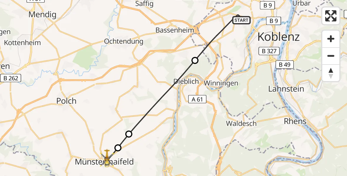 Flugroute Rettungshubschrauber Koblenz - Münstermaifeld, 28 Juli 2026, 09:24