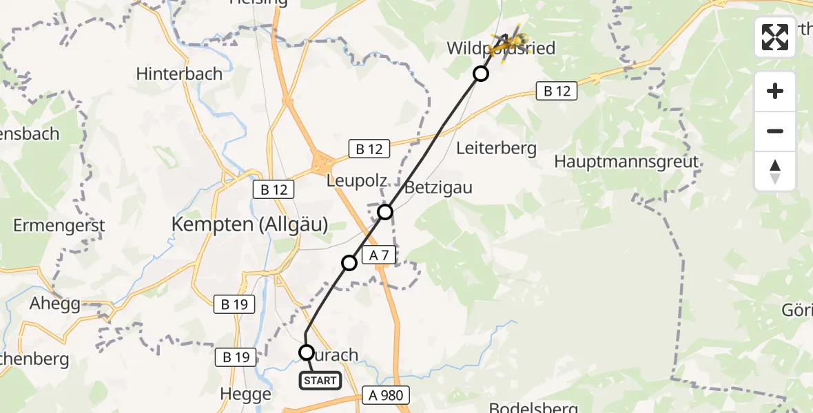Flugroute Rettungshubschrauber Kempten-Durach Flugplatz - Wildpoldsried, 28 Juli 2026, 09:30