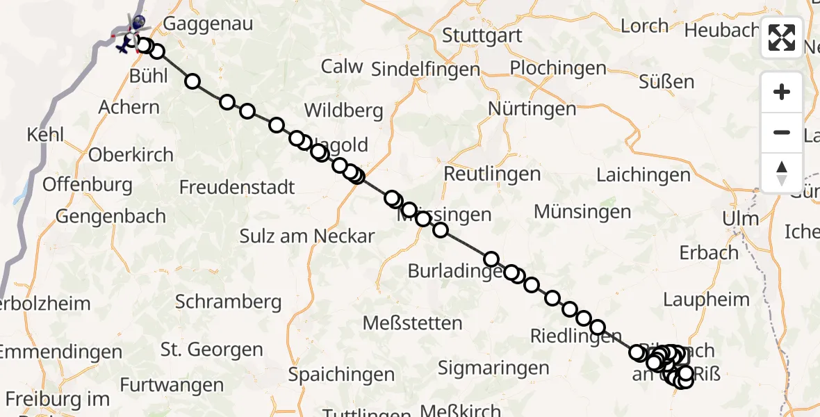 Flugroute Polizeihubschrauber Biberach an der Riß Flugplatz - Karlsruhe Baden-Baden Flughafen, 28 Juli 2026, 09:41