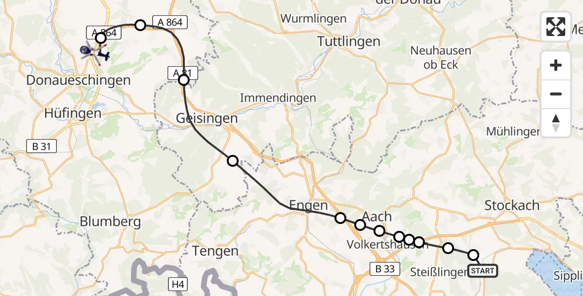 Flugroute Polizeihubschrauber Radolfzell-Stahlringen Flugplatz - Donaueschingen-Villingen Flugplatz, 28 Juli 2026, 09:47