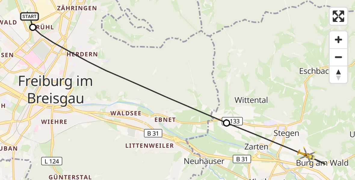 Flugroute Ambulanzhubschrauber Freiburg im Breisgau Flugplatz - Kirchzarten, 28 Juli 2026, 09:49