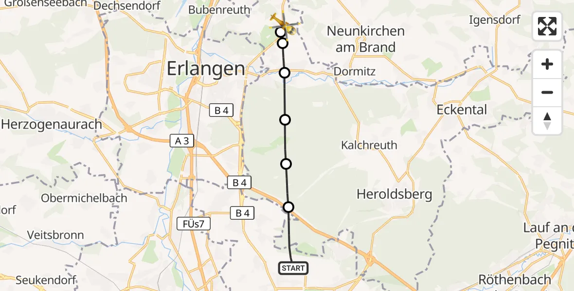Flugroute Ambulanzhubschrauber Flughafen Nuremberg - Marloffstein, 28 Juli 2026, 09:52