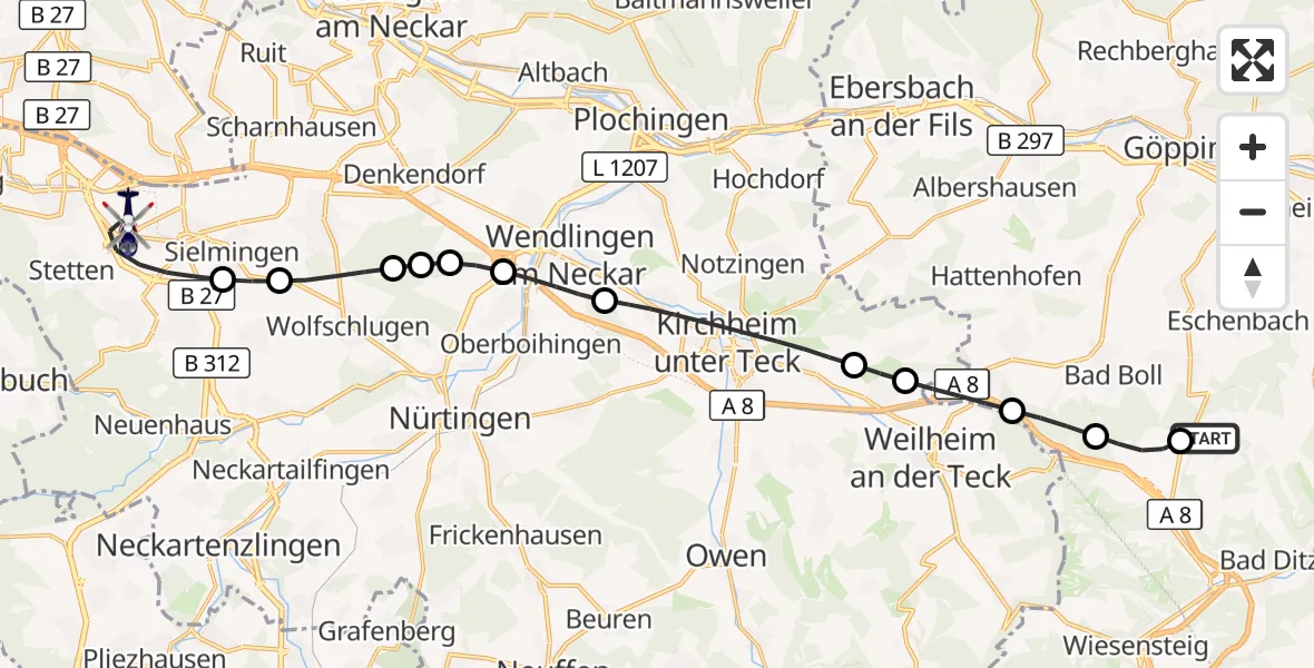 Flugroute Polizeihubschrauber Gruibingen-Nortel Flugplatz - Flughafen Stuttgart, 28 Juli 2026, 09:54