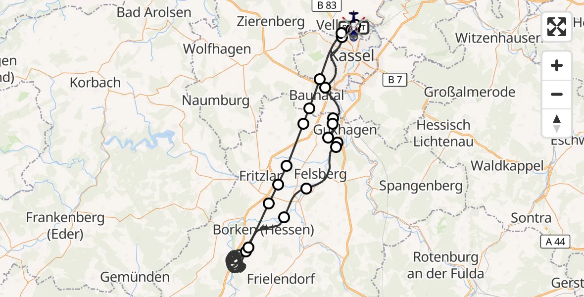 Flugroute Polizeihubschrauber Fuldatal Bundespolizei Hubschrauberlandeplatz - Fuldatal Bundespolizei Hubschrauberlandeplatz, 28 Juli 2026, 09:59