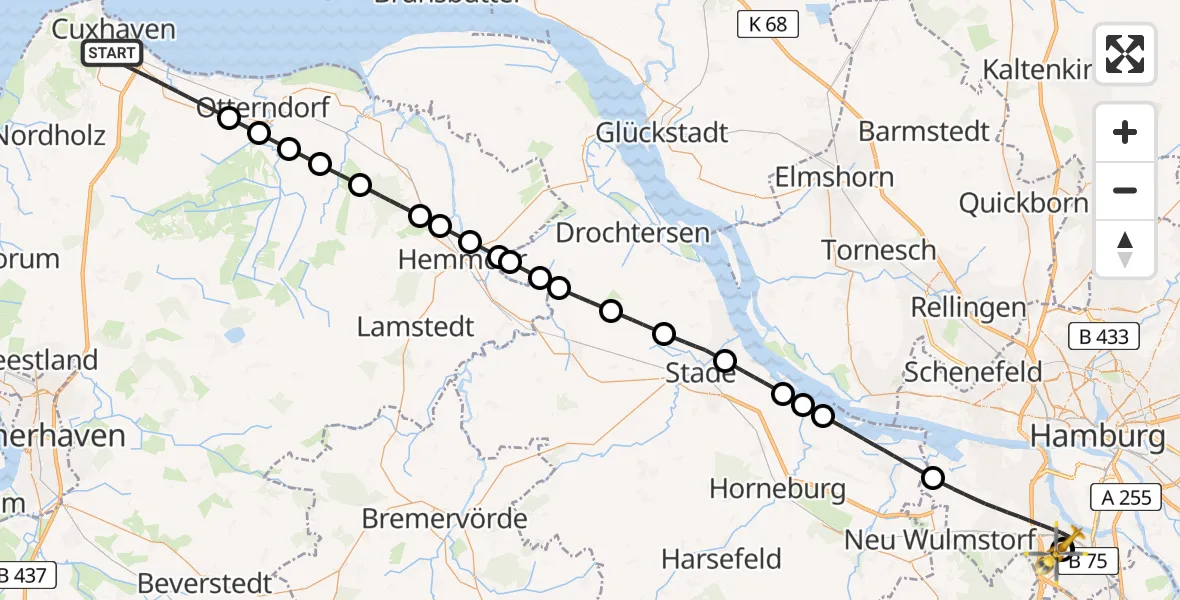 Flugroute Rettungshubschrauber Cuxhaven - Asklepios Hospital Harburg, 28 Juli 2026, 10:00