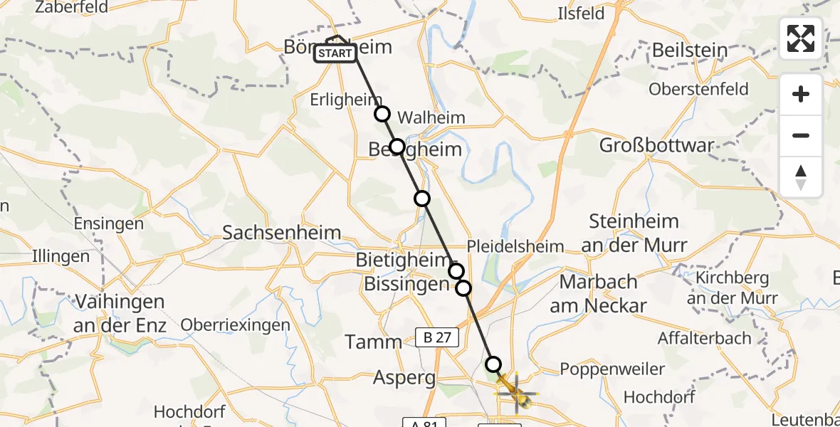 Flugroute Rettungshubschrauber Bönnigheim - Ludwigsburg, 28 Juli 2026, 10:02