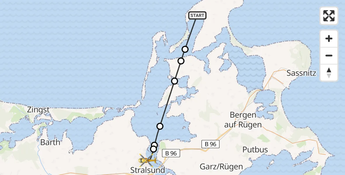 Flugroute Rettungshubschrauber Dranske - Stralsund, 28 Juli 2026, 10:02