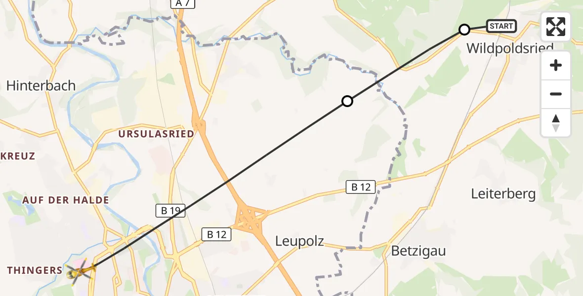Flugroute Rettungshubschrauber Wildpoldsried - Kempten (Allgäu), 28 Juli 2026, 10:10