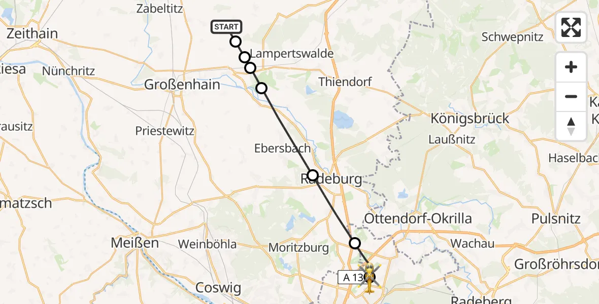 Flugroute Rettungshubschrauber Großenhain - Dresden Bundespolizei Hubschrauberlandeplatz, 28 Juli 2026, 10:12
