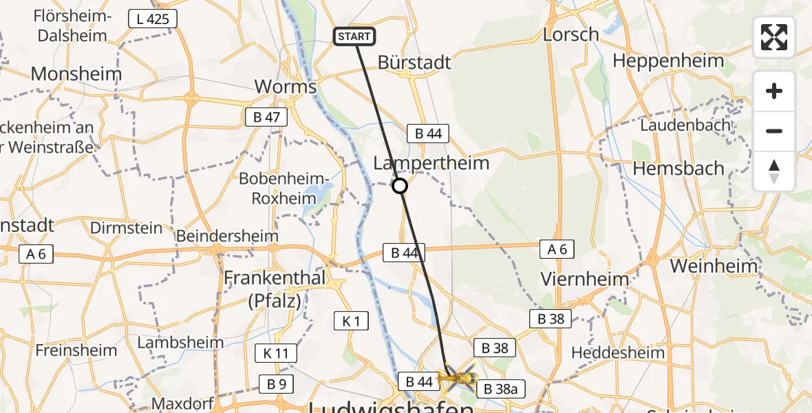 Flugroute Rettungshubschrauber Lampertheim - Mannheim, 28 Juli 2026, 10:15