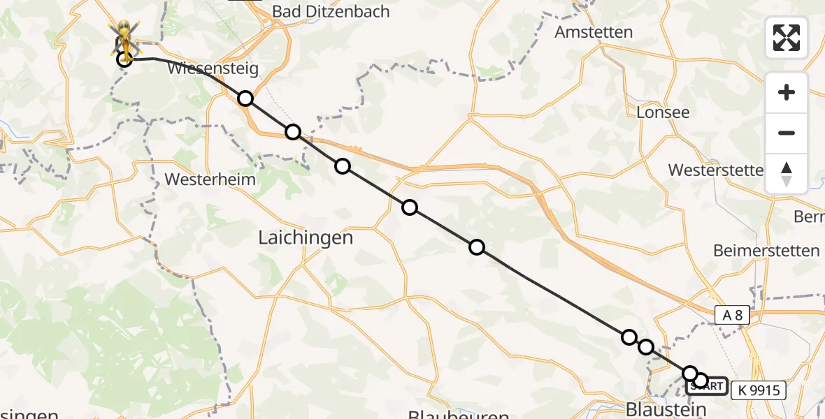 Flugroute Rettungshubschrauber Ulm Military Hospital Emergency - Neidlingen, 28 Juli 2026, 10:16