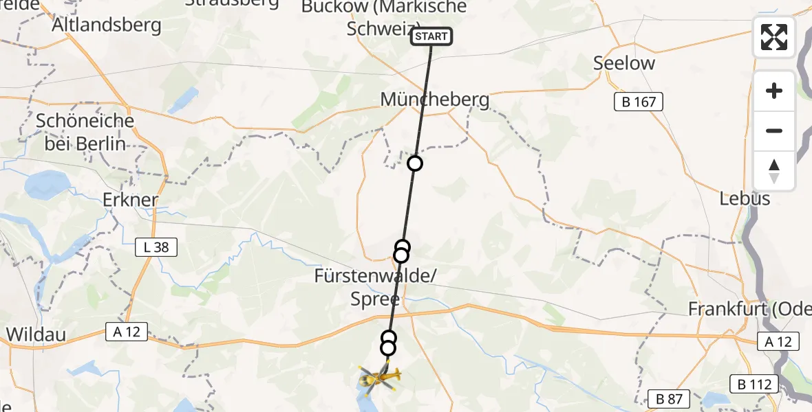 Flugroute Rettungshubschrauber Müncheberg - Bad Saarow, 28 Juli 2026, 10:17