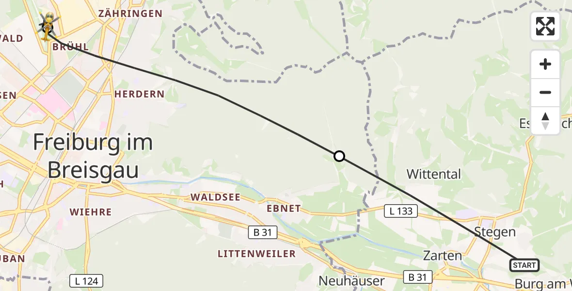 Flugroute Ambulanzhubschrauber Stegen - Freiburg im Breisgau Flugplatz, 28 Juli 2026, 10:19