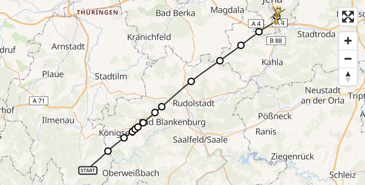 Flugroute Rettungshubschrauber Großbreitenbach - Lobeda Hubschrauberlandeplatz, 28 Juli 2026, 10:19