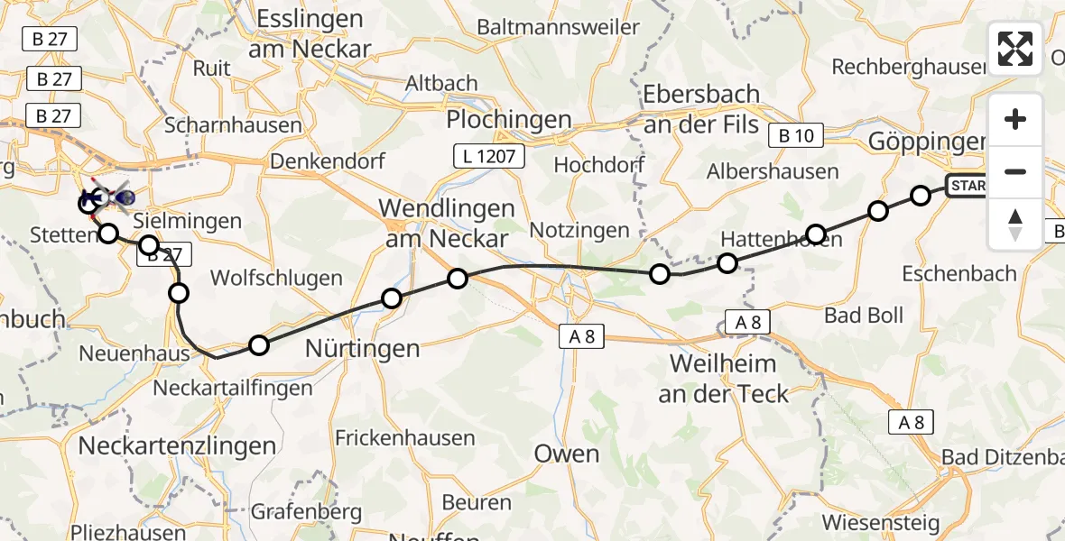 Flugroute Polizeihubschrauber Göppingen - Flughafen Stuttgart, 28 Juli 2026, 10:21
