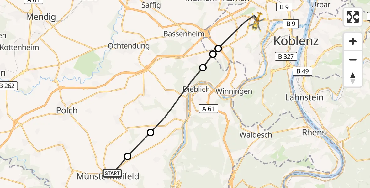 Flugroute Rettungshubschrauber Münstermaifeld - Koblenz, 28 Juli 2026, 10:23