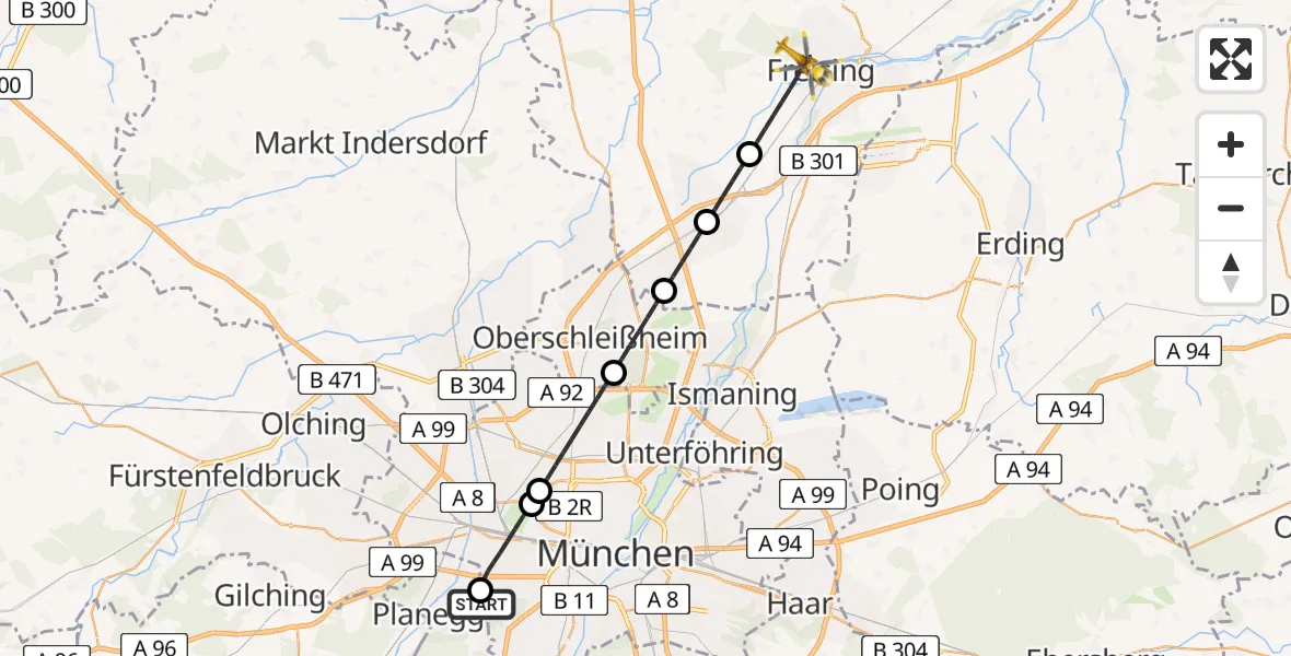 Flugroute Rettungshubschrauber DRF Air Rescue München Hubschrauberlandeplatz - Freising, 28 Juli 2026, 10:24