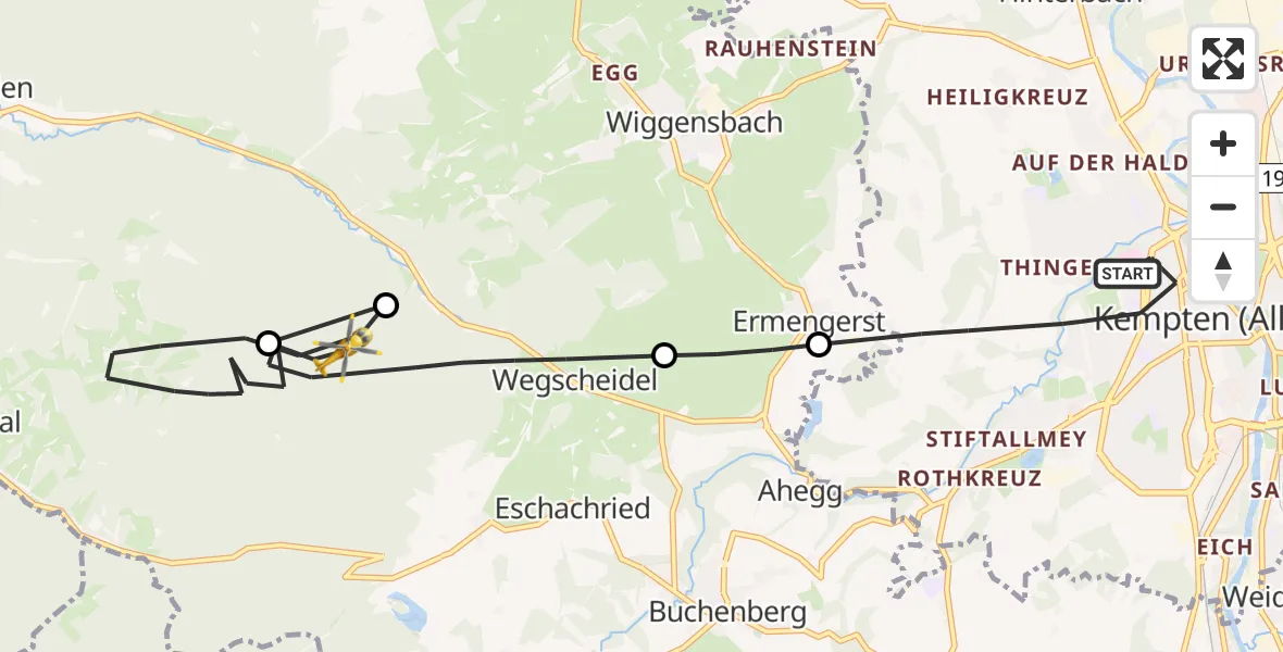 Flugroute Rettungshubschrauber Kempten (Allgäu) - Buchenberg, 28 Juli 2026, 10:29
