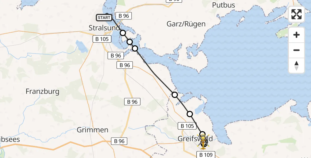 Flugroute Rettungshubschrauber Stralsund - Greifswald Hospital, 28 Juli 2026, 10:34
