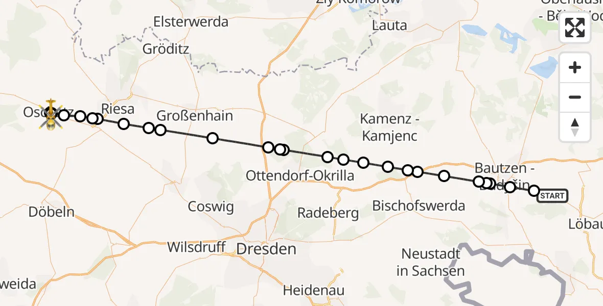 Flugroute Rettungshubschrauber Hochkirch - Collm Klinik Oschatz Hubschrauberlandeplatz, 28 Juli 2026, 10:34