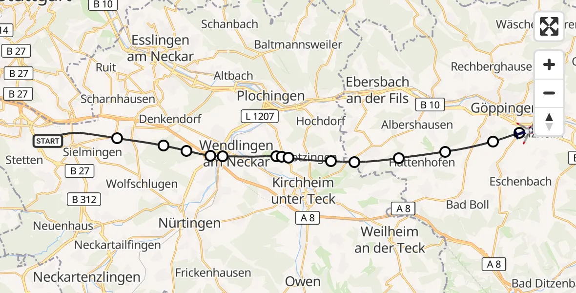 Flugroute Polizeihubschrauber Flughafen Stuttgart - Göppingen, 28 Juli 2026, 10:36