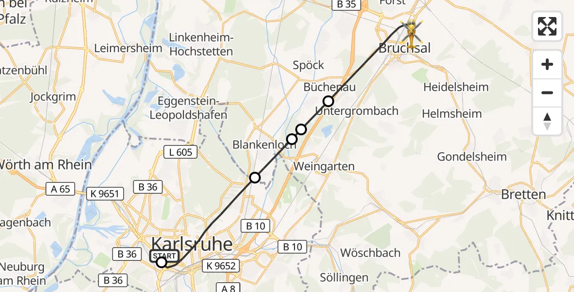 Flugroute Ambulanzhubschrauber Sankt Vincentius Hospital - Bruchsal, 28 Juli 2026, 10:37