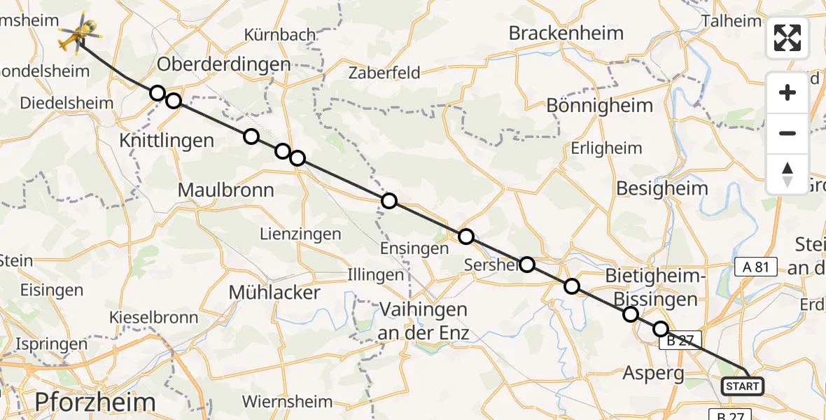 Flugroute Rettungshubschrauber Ludwigsburg - Bretten, 28 Juli 2026, 10:40