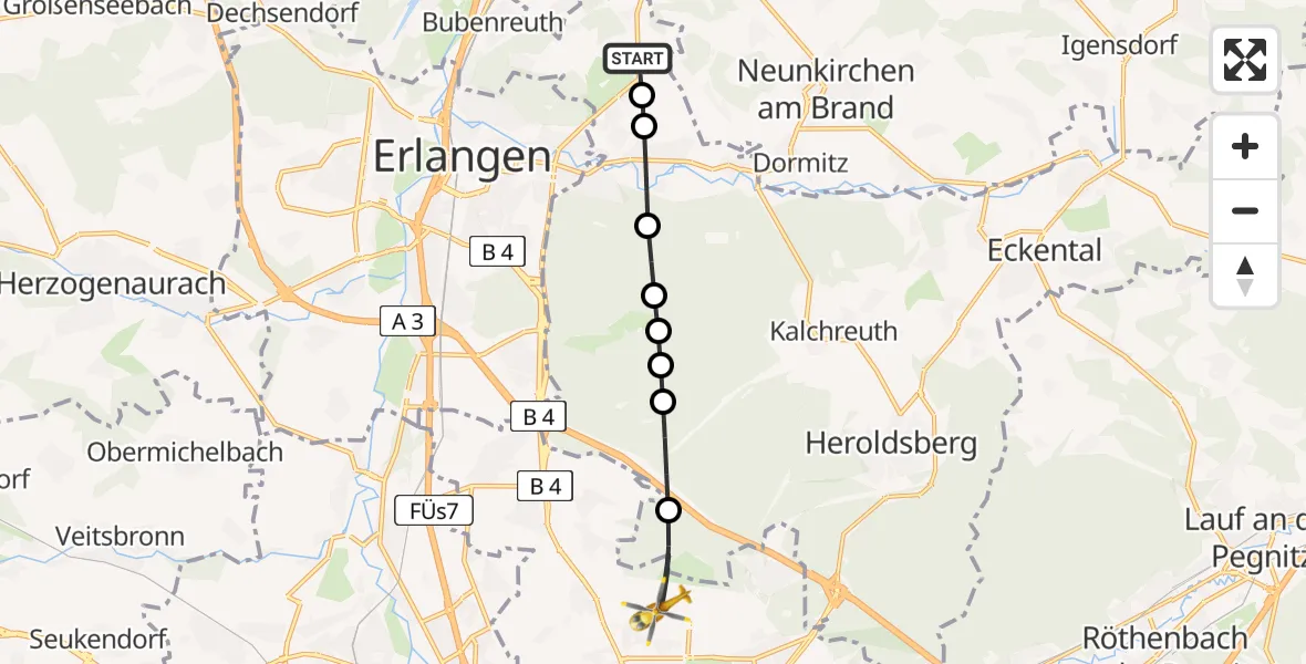 Flugroute Ambulanzhubschrauber Marloffstein - Flughafen Nuremberg, 28 Juli 2026, 10:43