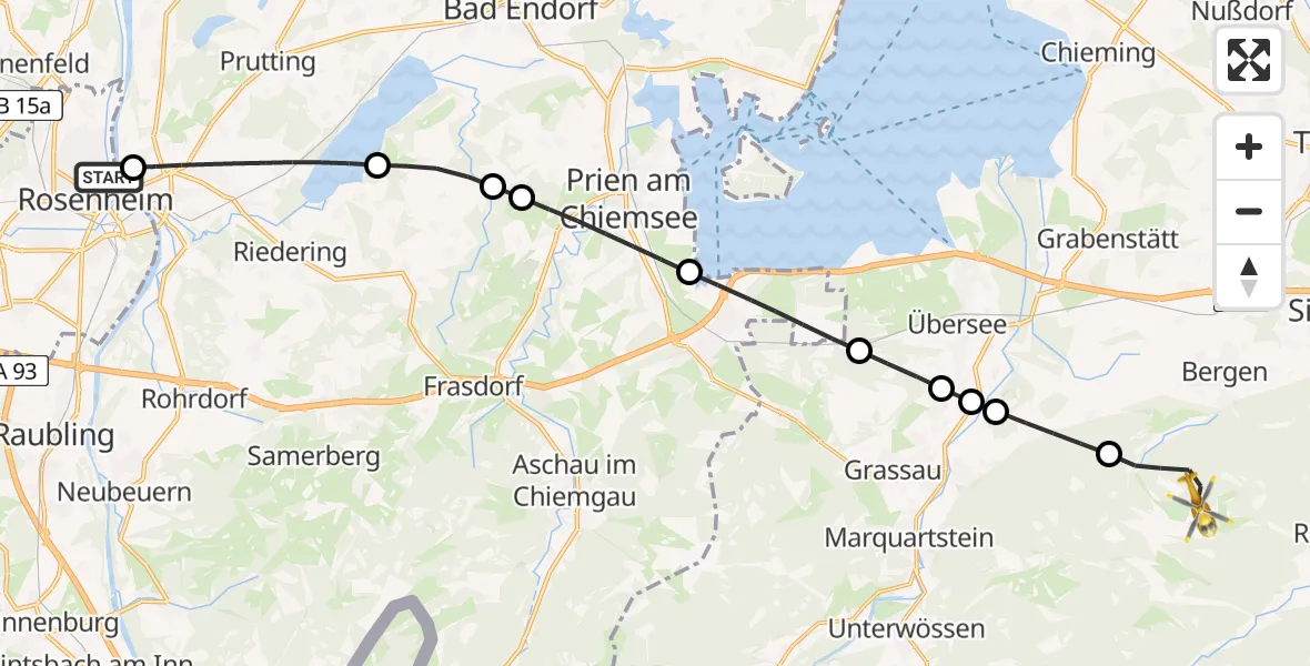 Flugroute Rettungshubschrauber RoMed Hospital Rosenheim - Bergen, 28 Juli 2026, 10:43
