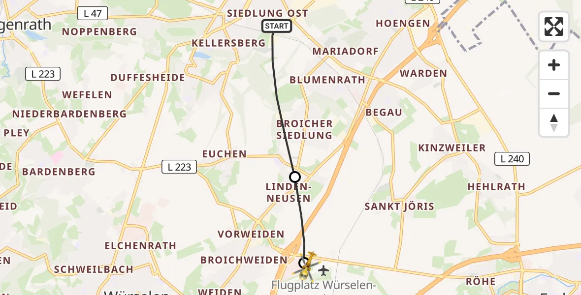 Flugroute Rettungshubschrauber Alsdorf - Aachen-Merzbrück Flughafen, 28 Juli 2026, 10:45