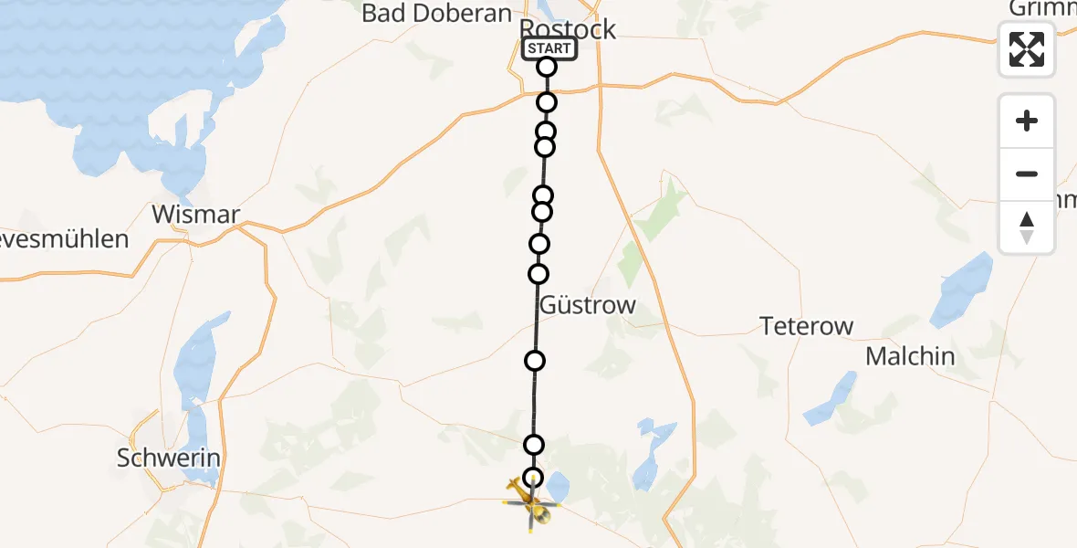 Flugroute Rettungshubschrauber Rostock - Goldberg, 28 Juli 2026, 10:54