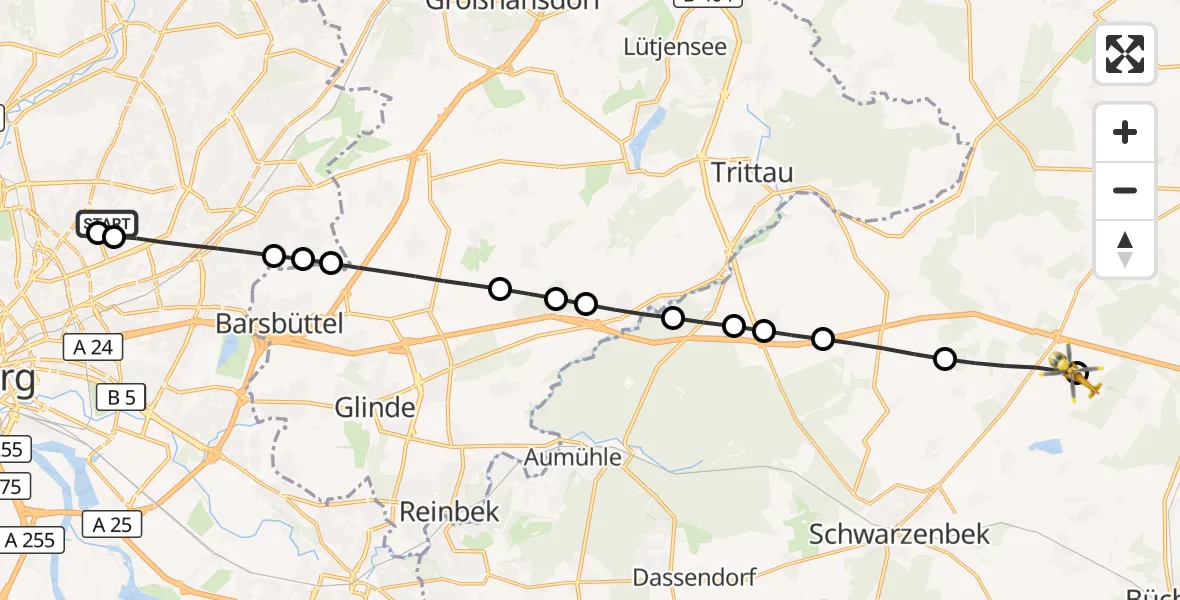 Flugroute Rettungshubschrauber Hamburg Military Hospital - Kankelau, 28 Juli 2026, 10:55