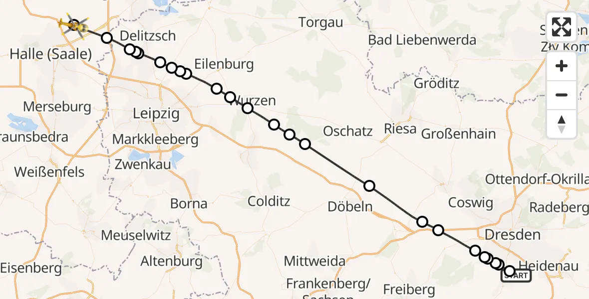 Flugroute Ambulanzhubschrauber Kreischa - Halle-Oppin Flugplatz, 28 Juli 2026, 10:58