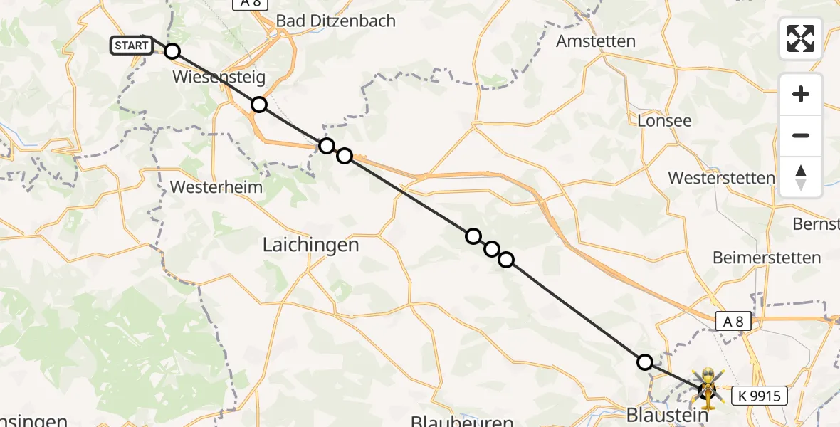 Flugroute Rettungshubschrauber Neidlingen - ADAC Air Rescue Station Ulm (Christoph 22), 28 Juli 2026, 11:02
