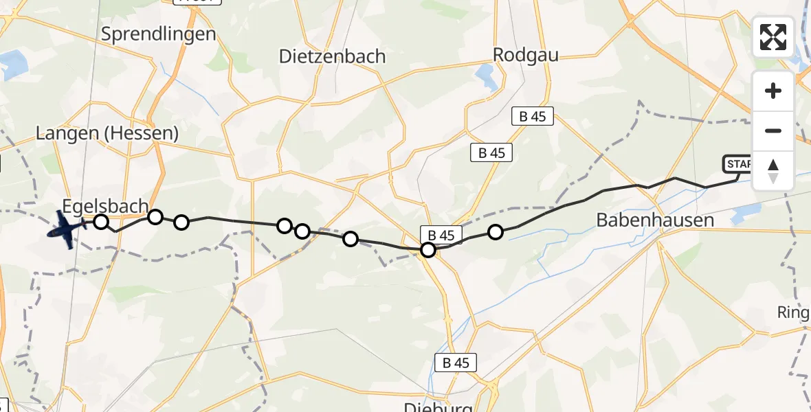 Flugroute Polizeiflugzeug Babenhausen - Flughafen Frankfurt-Egelsbach, 28 Juli 2026, 11:03