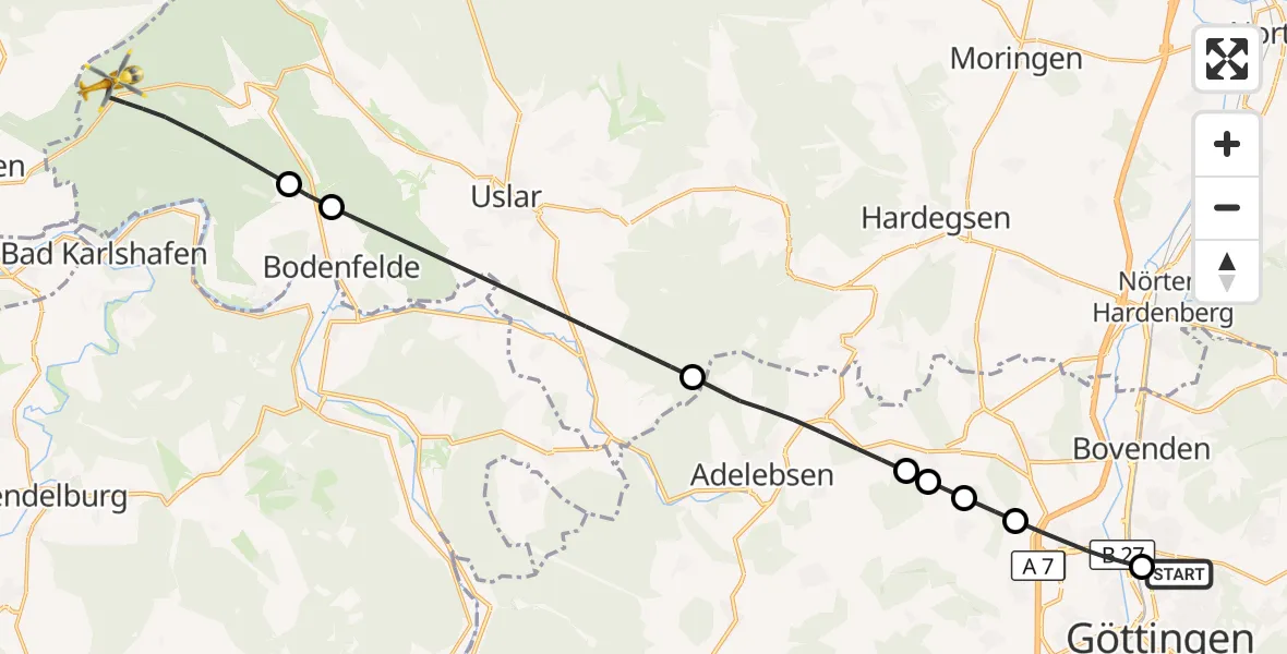 Flugroute Rettungshubschrauber Göttingen University Clinic Hubschrauberlandeplatz - Solling (Landkreis Northeim), 28 Juli 2026, 11:04