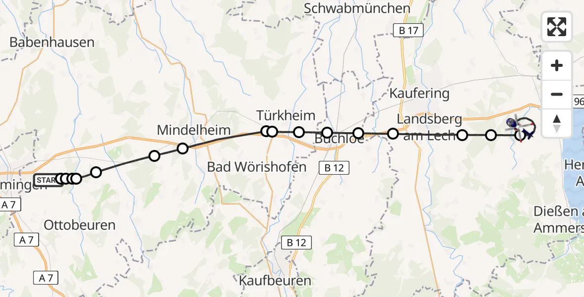 Flugroute Polizeihubschrauber Memmingen Allgau Flughafen - Windach, 28 Juli 2026, 11:04