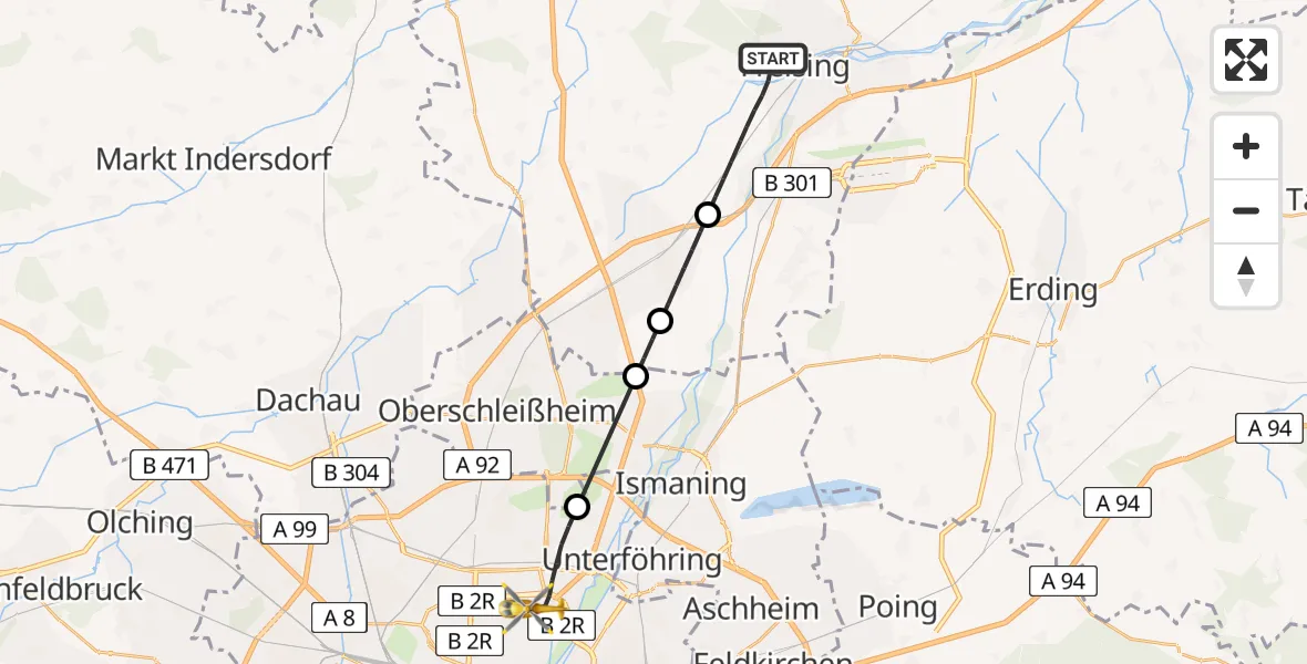 Flugroute Rettungshubschrauber Freising - München, 28 Juli 2026, 11:06