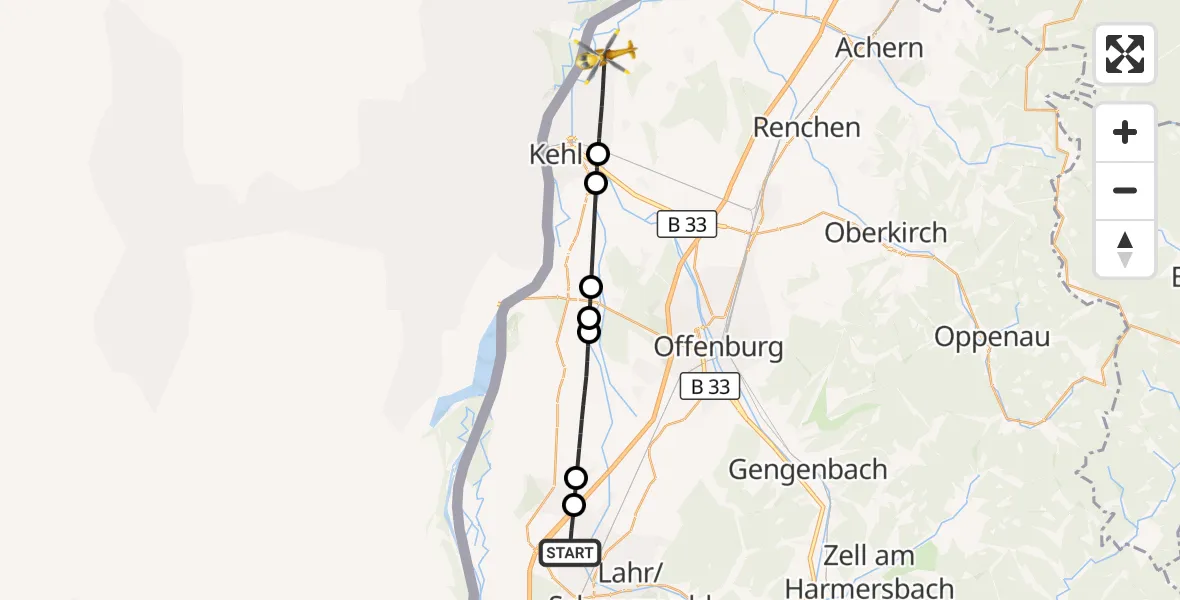 Flugroute Rettungshubschrauber Lahr Flughafen - Kehl, 28 Juli 2026, 11:06