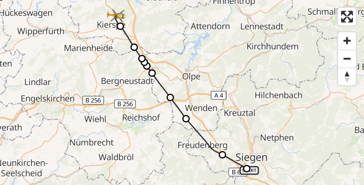 Flugroute Rettungshubschrauber Evangelisches Jung-Stilling Hospital - Kierspe, 28 Juli 2026, 11:07