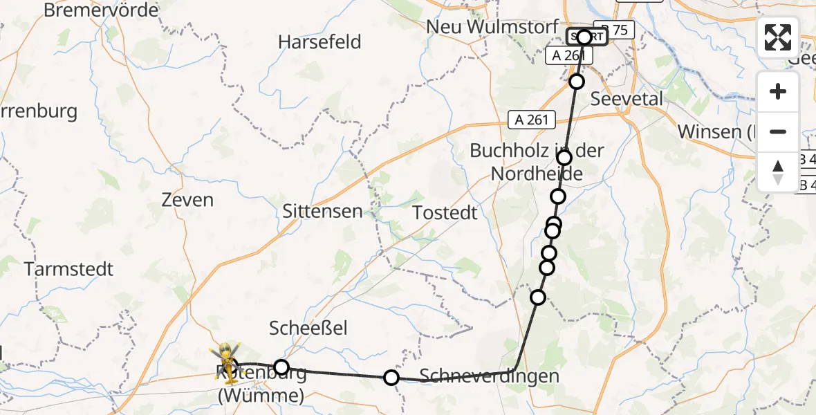 Flugroute Rettungshubschrauber Asklepios Hospital Harburg - Rotenburg (Wümme) Flugplatz, 28 Juli 2026, 11:09