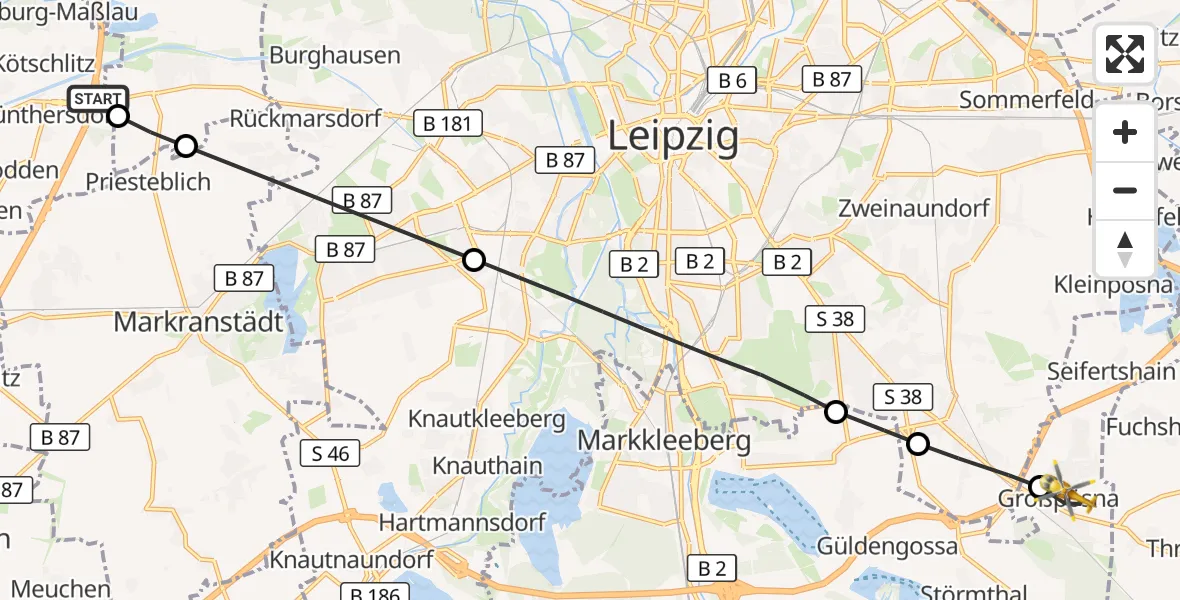 Flugroute Rettungshubschrauber ADAC Air Rescue Station Leipzig/Schkeuditz-Dölzig Hubschrauberlandeplatz (Christoph 61) - Großpösna, 28 Juli 2026, 11:10