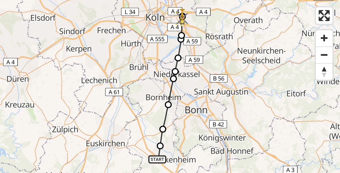 Flugroute Rettungshubschrauber Rheinbach - Merheim Hospital, 28 Juli 2026, 11:13
