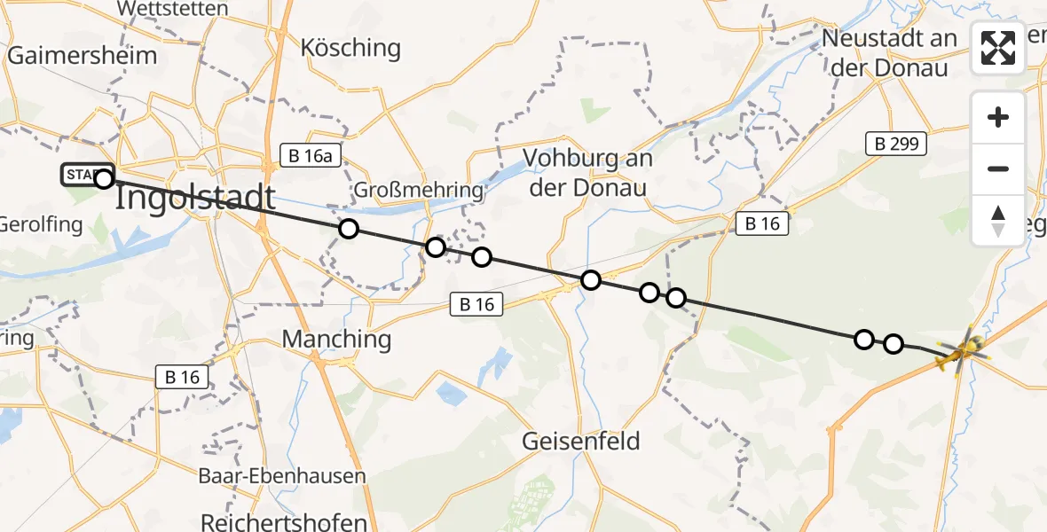 Flugroute Rettungshubschrauber Ingolstadt Hospital - Elsendorf, 28 Juli 2026, 11:13