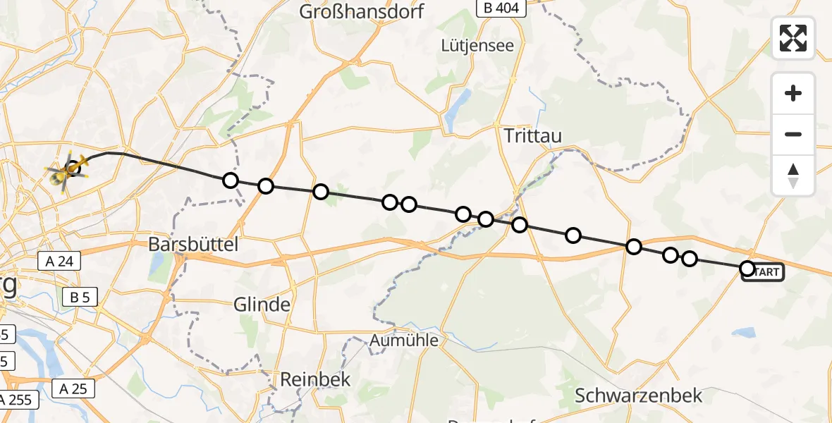 Flugroute Rettungshubschrauber Kankelau - Hamburg Military Hospital, 28 Juli 2026, 11:16