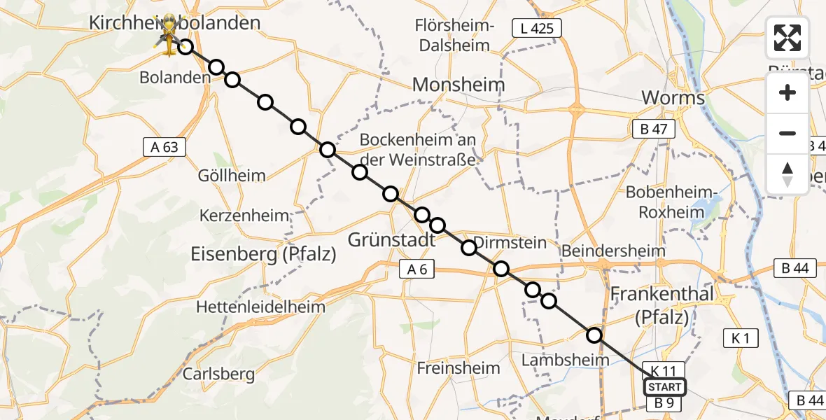 Flugroute Rettungshubschrauber Frankenthal (Pfalz) - Kirchheimbolanden, 28 Juli 2026, 11:17