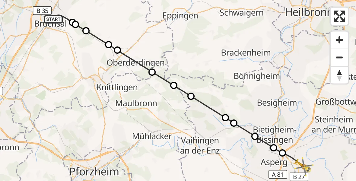 Flugroute Ambulanzhubschrauber Bruchsal - Ludwigsburg, 28 Juli 2026, 11:19